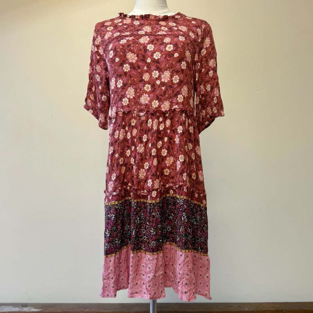 Red and Pink Floral Tiered Ruffle Boho Midi Dress